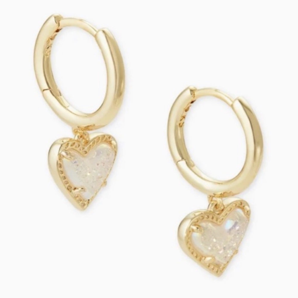 SOLD Kendra Scott Ari Huggie Heart Earrings Gold Iridescent Druzy Best Seller